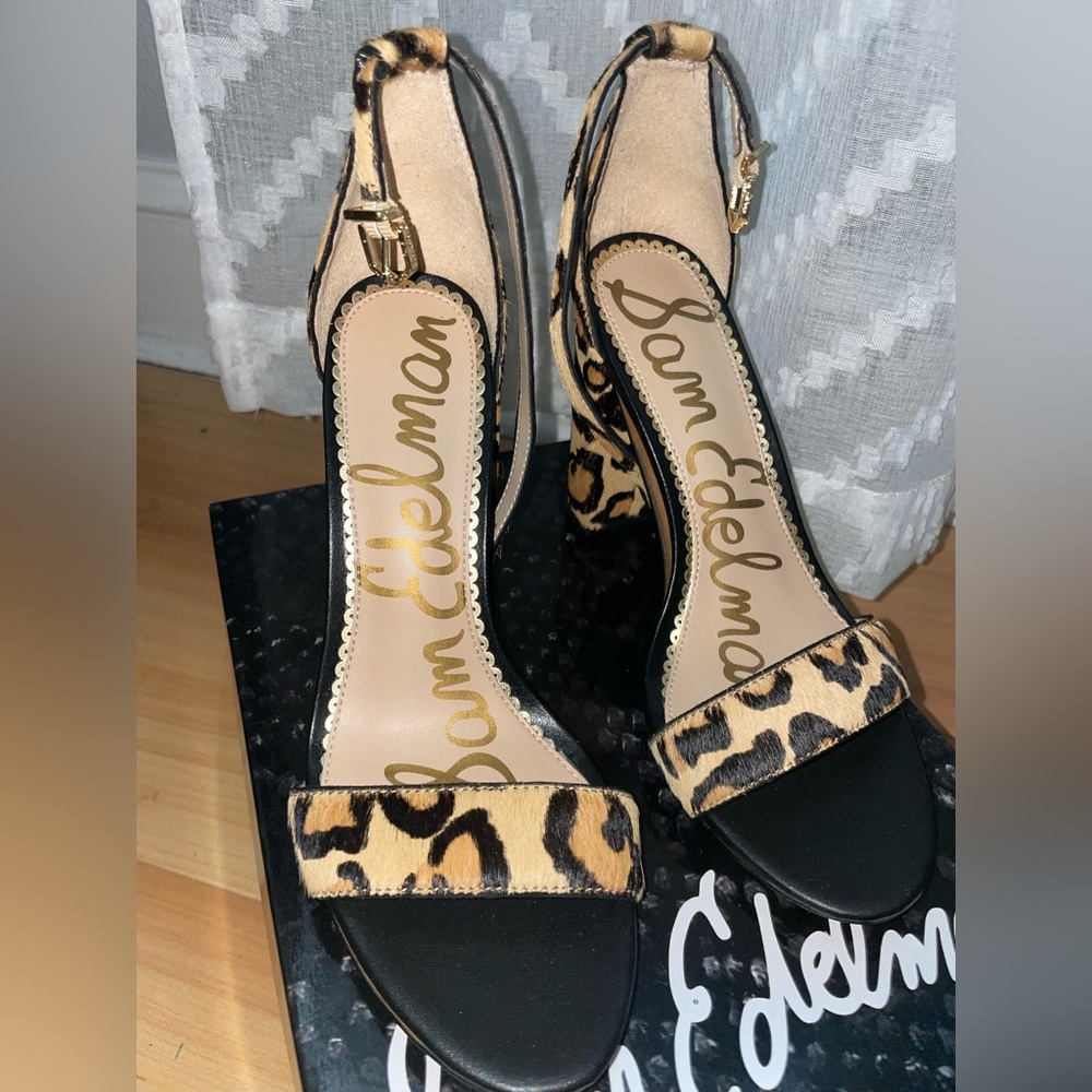 Sam Edelman Yaro Ankle Strap Sandal Heel New Nude Leopard Brahma Hair
